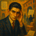 Expressionist-style oil painting of Franz Kafka in a thoughtful pose, seated at a desk with bureaucratic documents and faceless figures in the background, reflecting themes of administrative absurdity and existentialism.