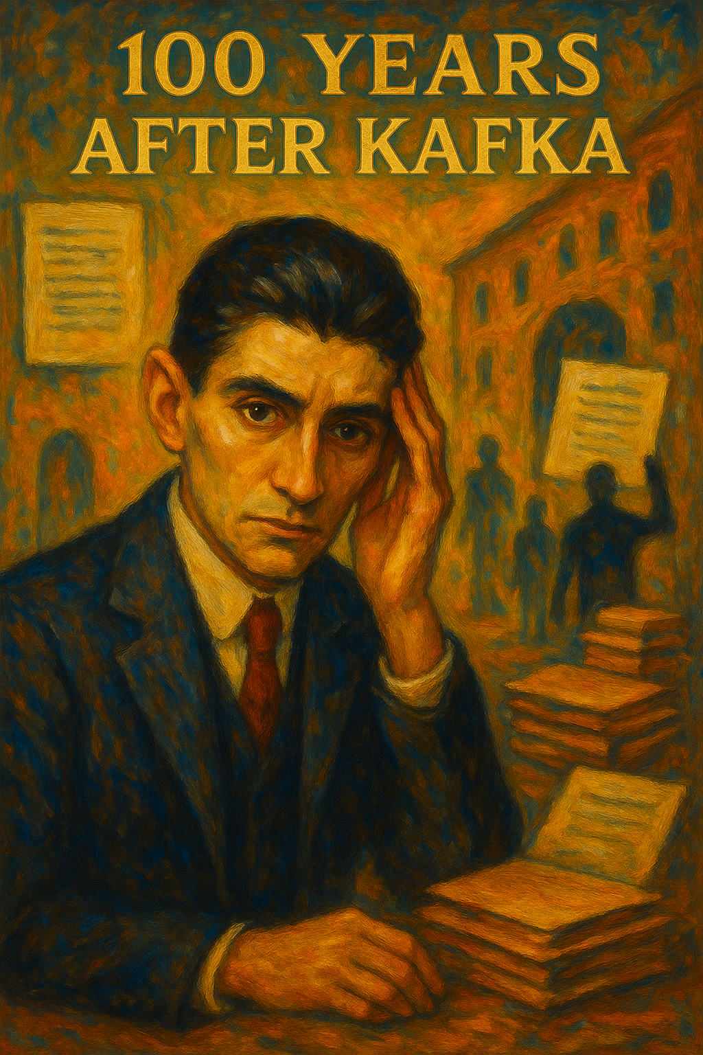 Expressionist-style oil painting of Franz Kafka in a thoughtful pose, seated at a desk with bureaucratic documents and faceless figures in the background, reflecting themes of administrative absurdity and existentialism.