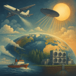 Digital illustration showing geoengineering strategies such as stratospheric aerosol injection, marine cloud brightening, and carbon dioxide removal to combat climate change.