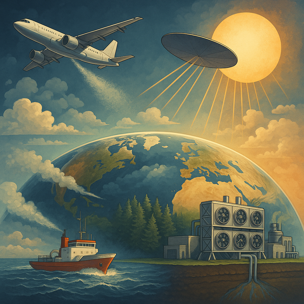Digital illustration showing geoengineering strategies such as stratospheric aerosol injection, marine cloud brightening, and carbon dioxide removal to combat climate change.