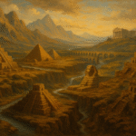 Artistic painting depicting the rise and fall of ancient empires shaped by geography, showing rivers, mountains, deserts, and civilizations across history.