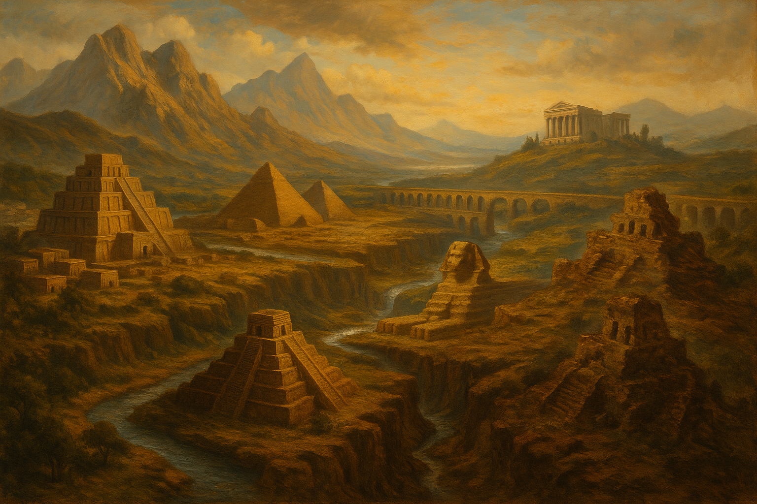 Artistic painting depicting the rise and fall of ancient empires shaped by geography, showing rivers, mountains, deserts, and civilizations across history.
