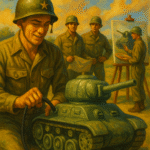 Oil painting of WWII Ghost Army soldiers setting up inflatable tanks and illusions to deceive the Nazis.