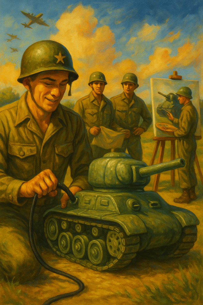 Oil painting of WWII Ghost Army soldiers setting up inflatable tanks and illusions to deceive the Nazis.