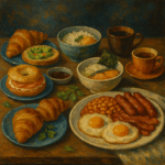 Oil painting of diverse global breakfast foods including Japanese rice and miso soup, American pancakes with bacon, Middle Eastern flatbread with dips, and Indian dosa, symbolizing the globalization of breakfast traditions.