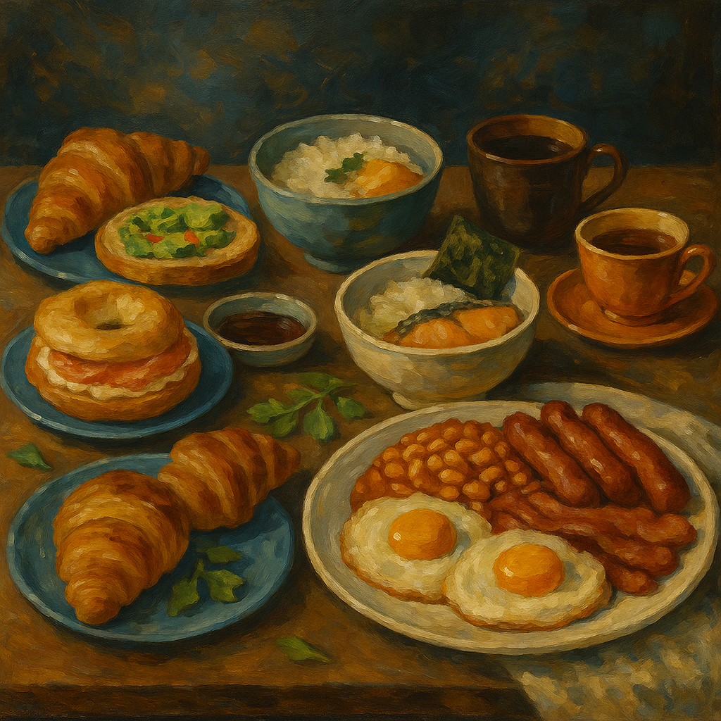 Oil painting of diverse global breakfast foods including Japanese rice and miso soup, American pancakes with bacon, Middle Eastern flatbread with dips, and Indian dosa, symbolizing the globalization of breakfast traditions.