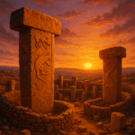 Göbekli Tepe sunset with ancient stone pillars in Turkey, 12,000-year-old archaeological site with rich colors