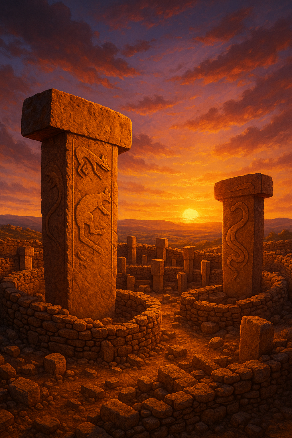 Göbekli Tepe sunset with ancient stone pillars in Turkey, 12,000-year-old archaeological site with rich colors