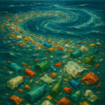 Oil painting of the Great Pacific Garbage Patch altering ocean currents with floating plastic debris in the North Pacific.