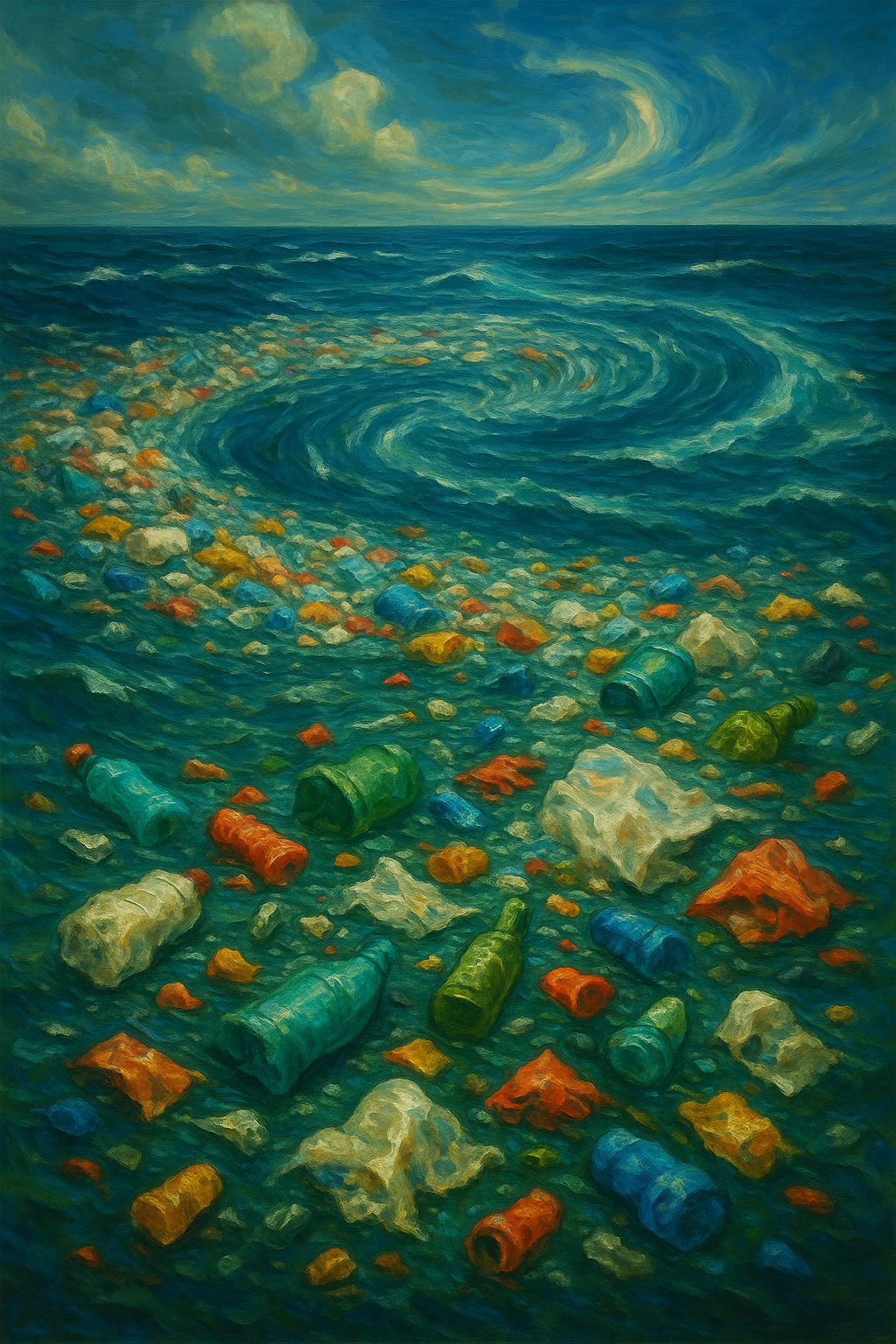 Oil painting of the Great Pacific Garbage Patch altering ocean currents with floating plastic debris in the North Pacific.