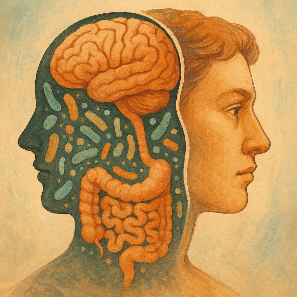 Conceptual illustration showing the connection between gut microbiota and human personality through the gut-brain axis