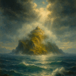 Mystical oil painting of the mythical island Hy-Brasil emerging from the misty Atlantic Ocean, bathed in golden sunlight.