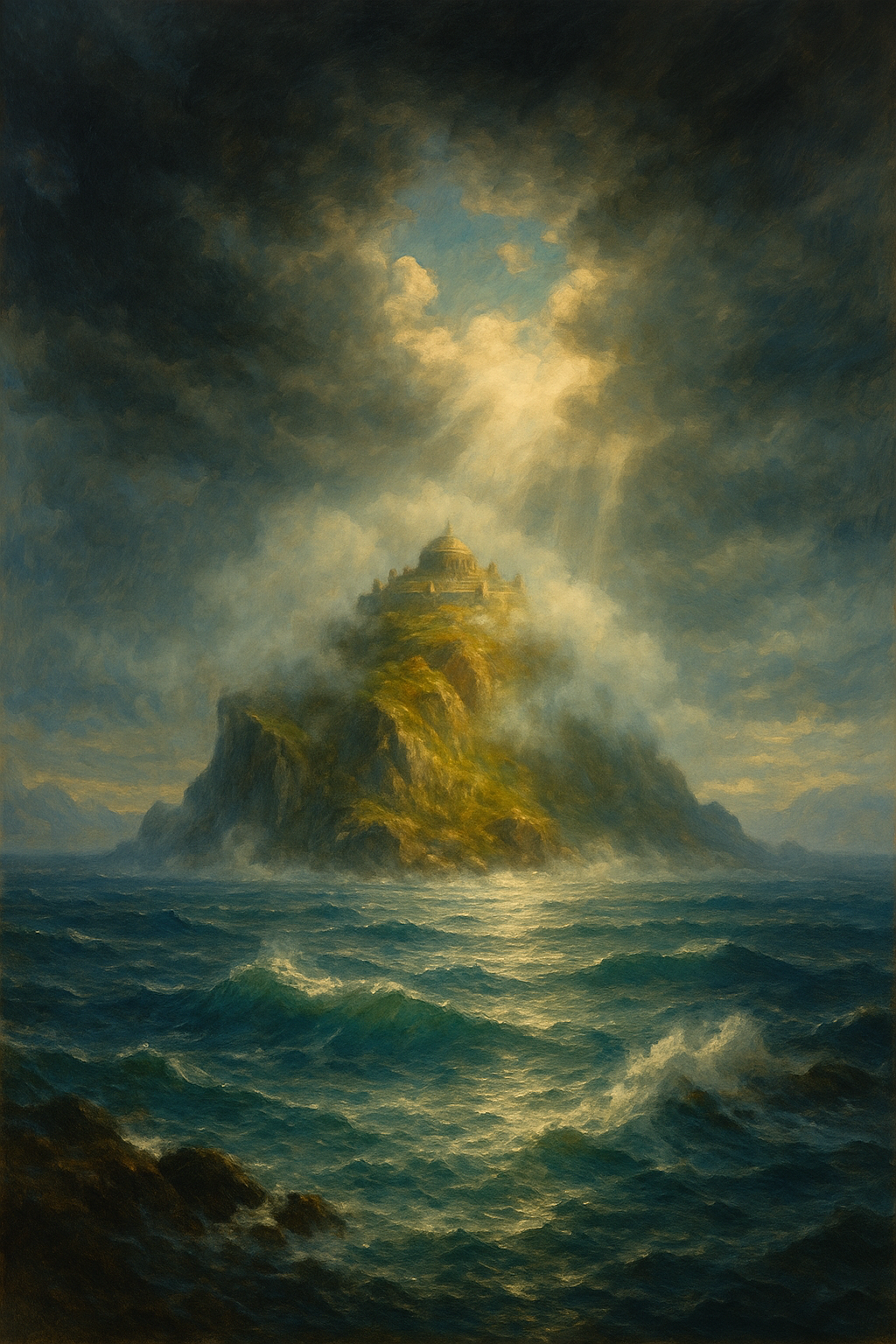 Mystical oil painting of the mythical island Hy-Brasil emerging from the misty Atlantic Ocean, bathed in golden sunlight.