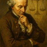 Oil painting of Immanuel Kant in a reflective pose, symbolizing universal ethics and the categorical imperative in moral philosophy.