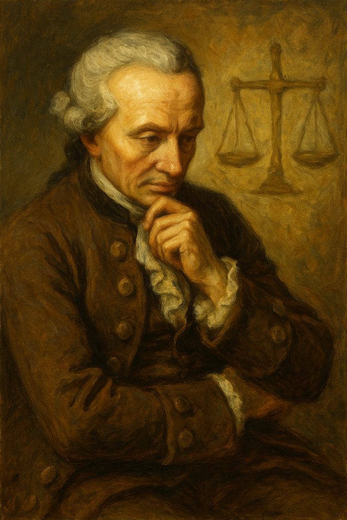 Oil painting of Immanuel Kant in a reflective pose, symbolizing universal ethics and the categorical imperative in moral philosophy.