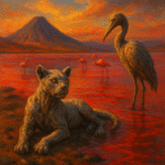 Oil painting of Lake Natron’s red waters in Tanzania, known for calcifying animals and creating a deadly yet surreal landscape.