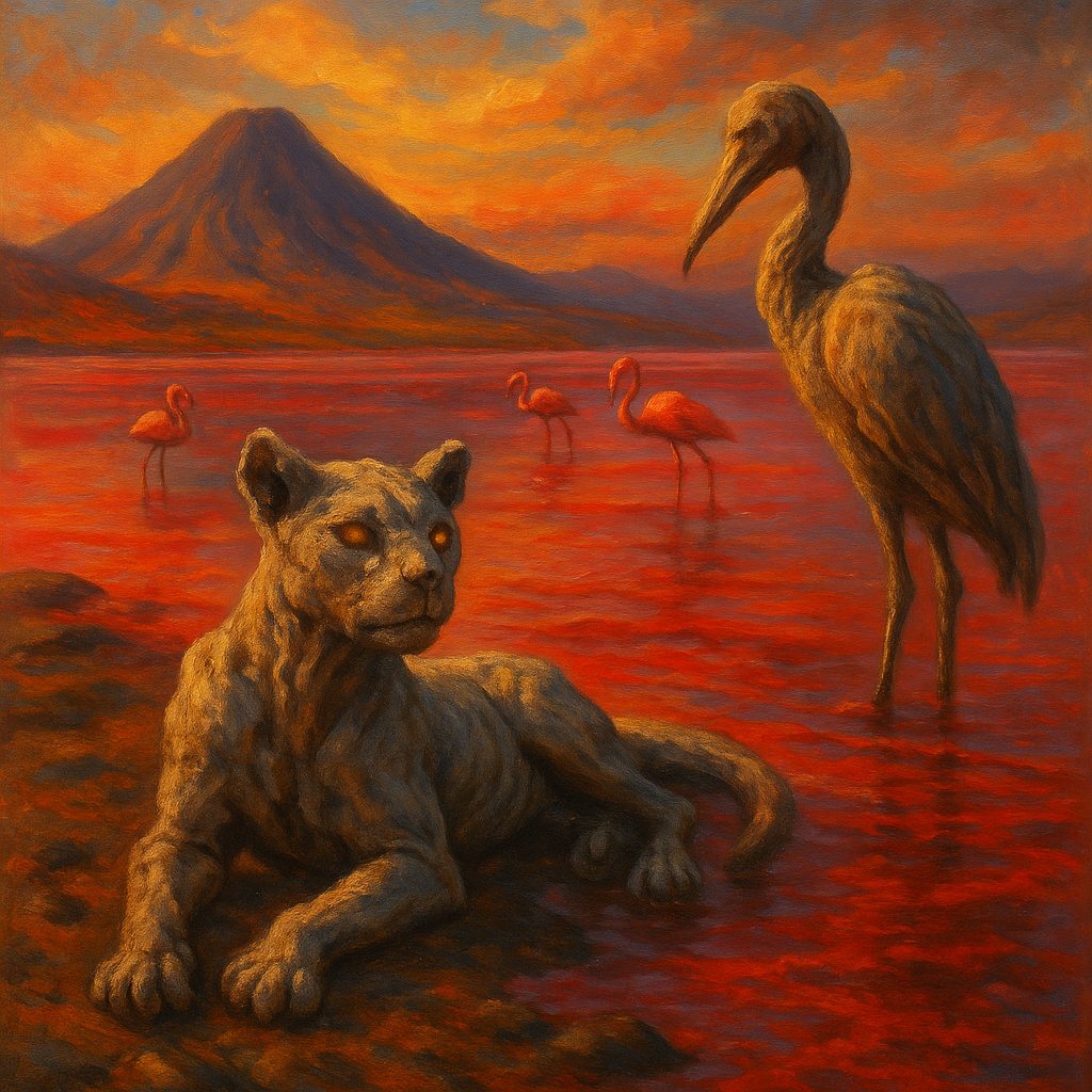Oil painting of Lake Natron’s red waters in Tanzania, known for calcifying animals and creating a deadly yet surreal landscape.