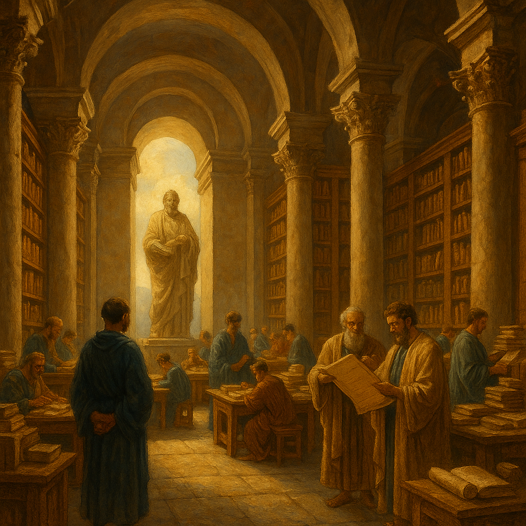 Digital illustration of the Library of Alexandria showing a grand ancient structure filled with scrolls and scholars, symbolizing knowledge, history, and cultural legacy.