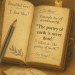 Illustration of an open book with handwritten notes and doodles in the margins, representing marginalia and hidden reader conversations.