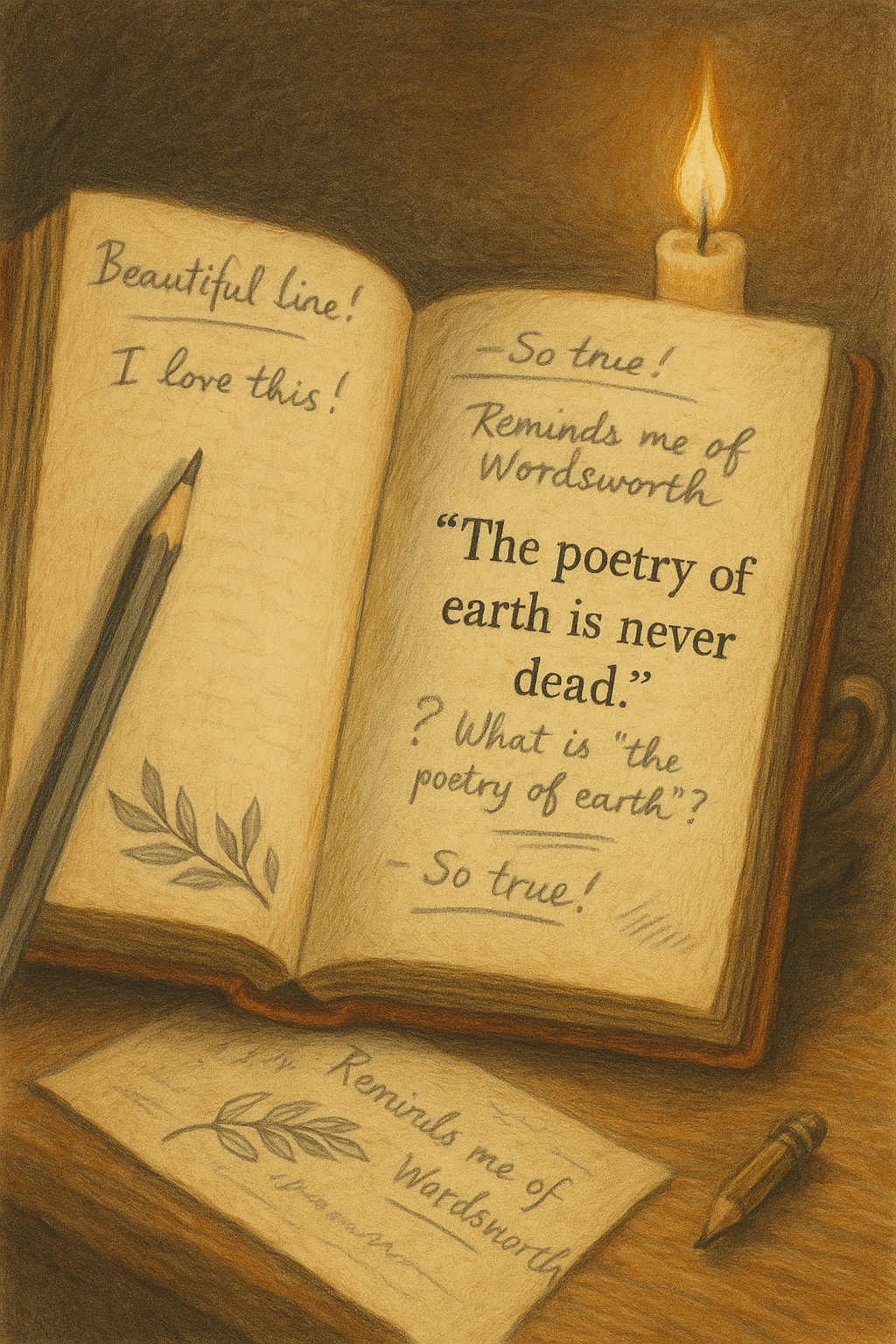 Illustration of an open book with handwritten notes and doodles in the margins, representing marginalia and hidden reader conversations.