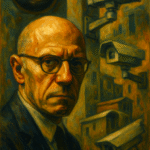 Oil painting of Michel Foucault with surveillance cameras and a watchful eye, representing his theories on power, control, and surveillance.