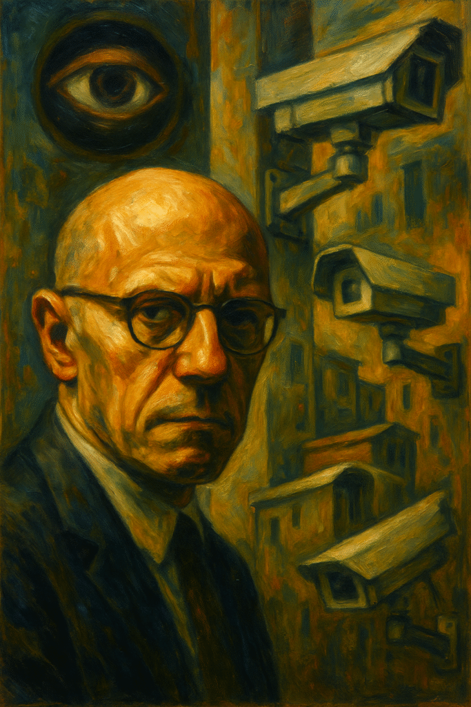 Oil painting of Michel Foucault with surveillance cameras and a watchful eye, representing his theories on power, control, and surveillance.