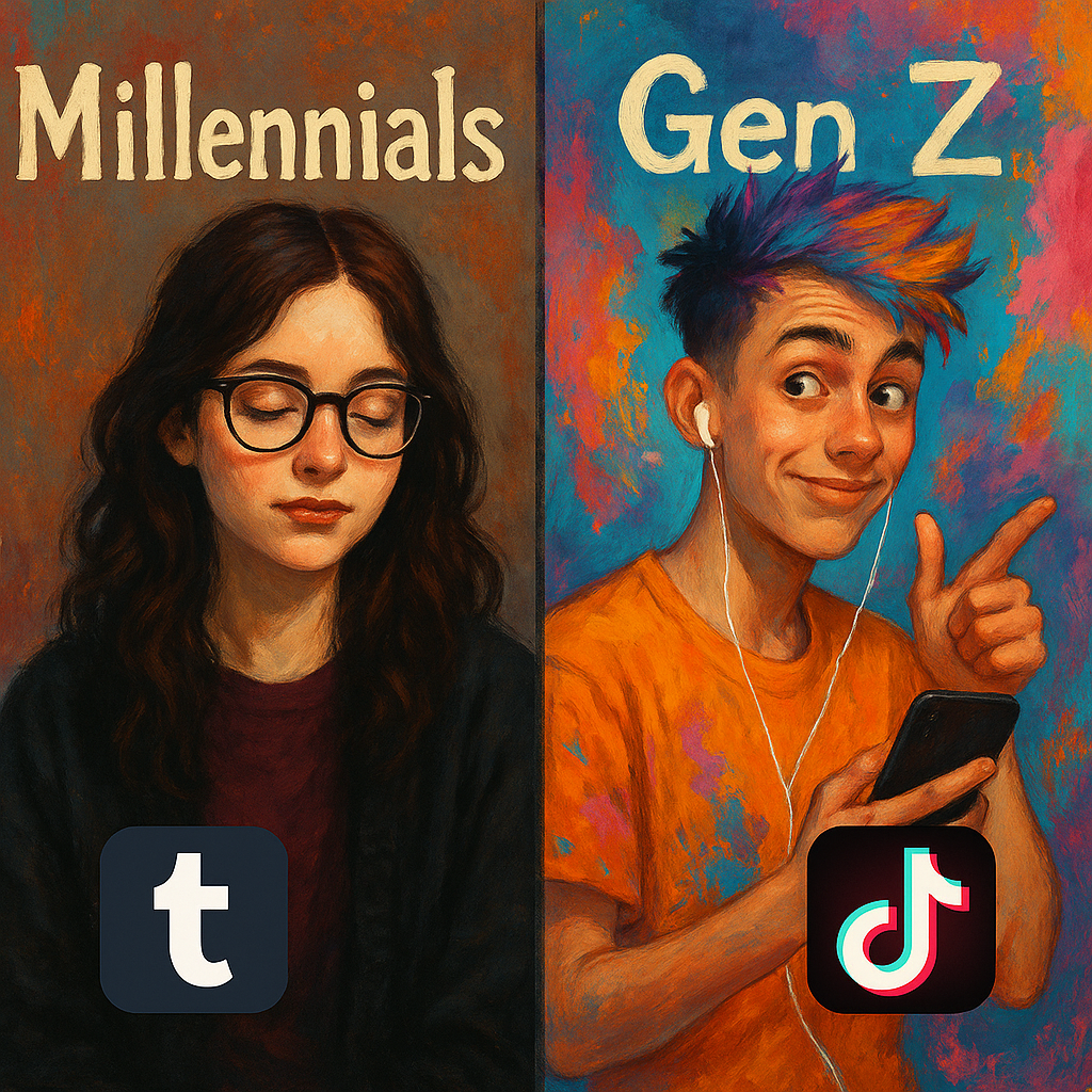 Artistic split-screen painting of Millennials on Tumblr and Gen Z on TikTok, showcasing generational digital aesthetics.