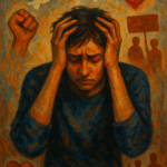 A painted image of a tired activist holding their head in distress, surrounded by symbolic elements like a dove, hearts, protest signs, and silhouettes, representing emotional exhaustion from doing good.