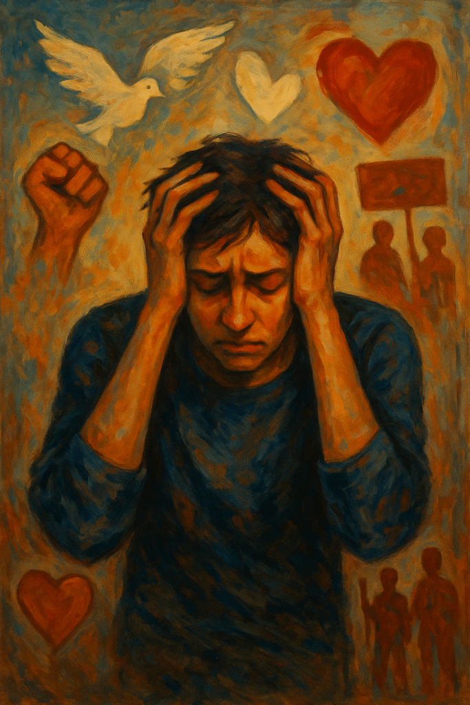 A painted image of a tired activist holding their head in distress, surrounded by symbolic elements like a dove, hearts, protest signs, and silhouettes, representing emotional exhaustion from doing good.
