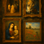 Oil painting collage of Vermeer’s The Concert, Rembrandt’s The Storm on the Sea of Galilee, Monet’s Poppy Flowers, and Charing Cross Bridge, representing the most stolen paintings in history.