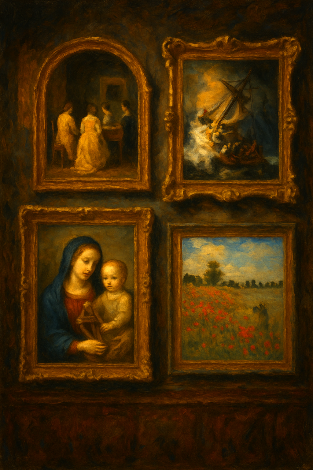 Oil painting collage of Vermeer’s The Concert, Rembrandt’s The Storm on the Sea of Galilee, Monet’s Poppy Flowers, and Charing Cross Bridge, representing the most stolen paintings in history.