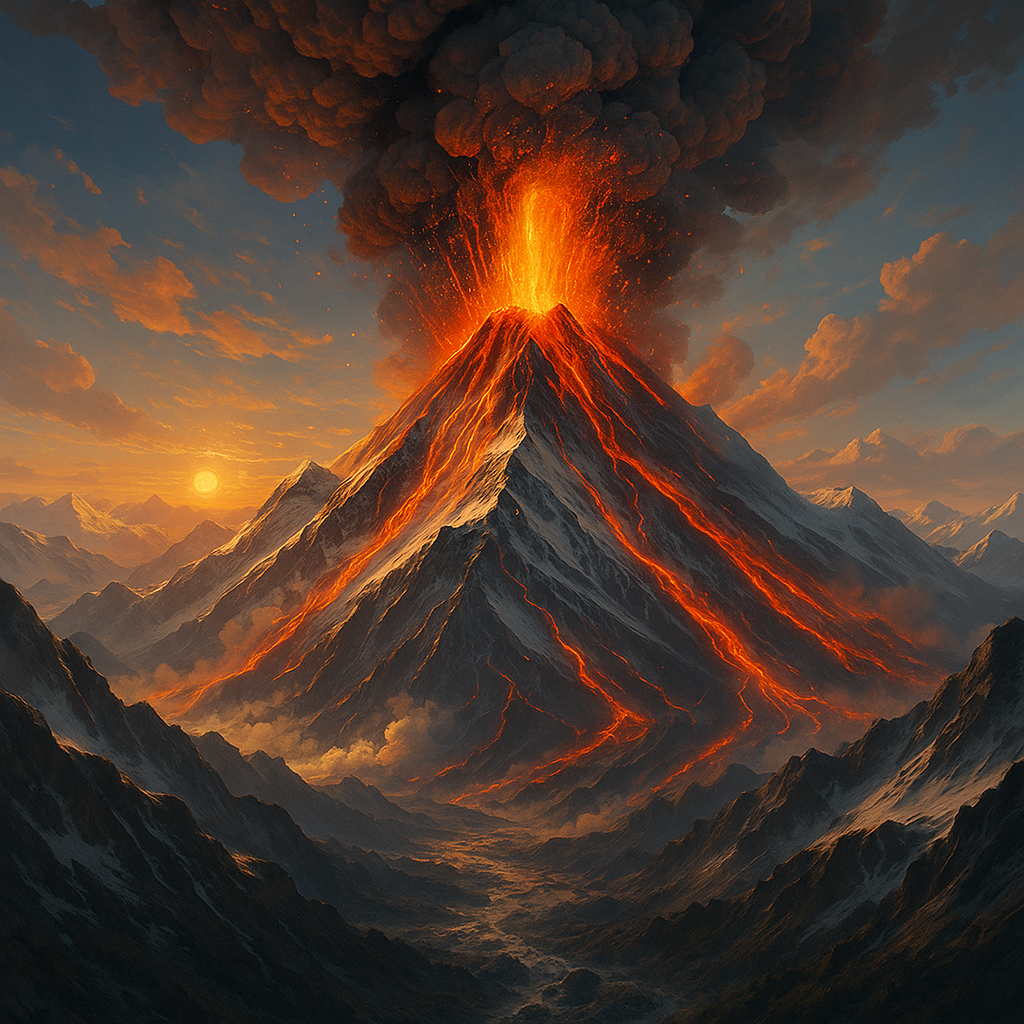 Mount Everest volcanic eruption digital painting – Himalayan geology thought experiment