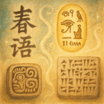 A bright, mystical painting illustrating ancient and diverse non-alphabetic writing systems from various cultures, featuring symbols and natural textures.