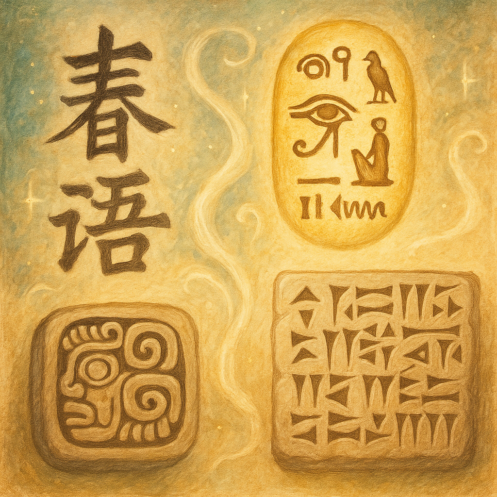 A bright, mystical painting illustrating ancient and diverse non-alphabetic writing systems from various cultures, featuring symbols and natural textures.