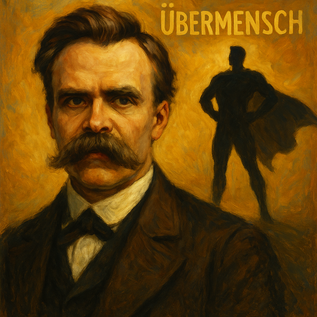 Oil painting of Friedrich Nietzsche with Hollywood film characters symbolizing the Übermensch philosophy.