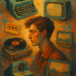 Traditional painting illustrating nostalgia as a universal cultural memory, with soft tones and retro-style figures in a dreamlike landscape.