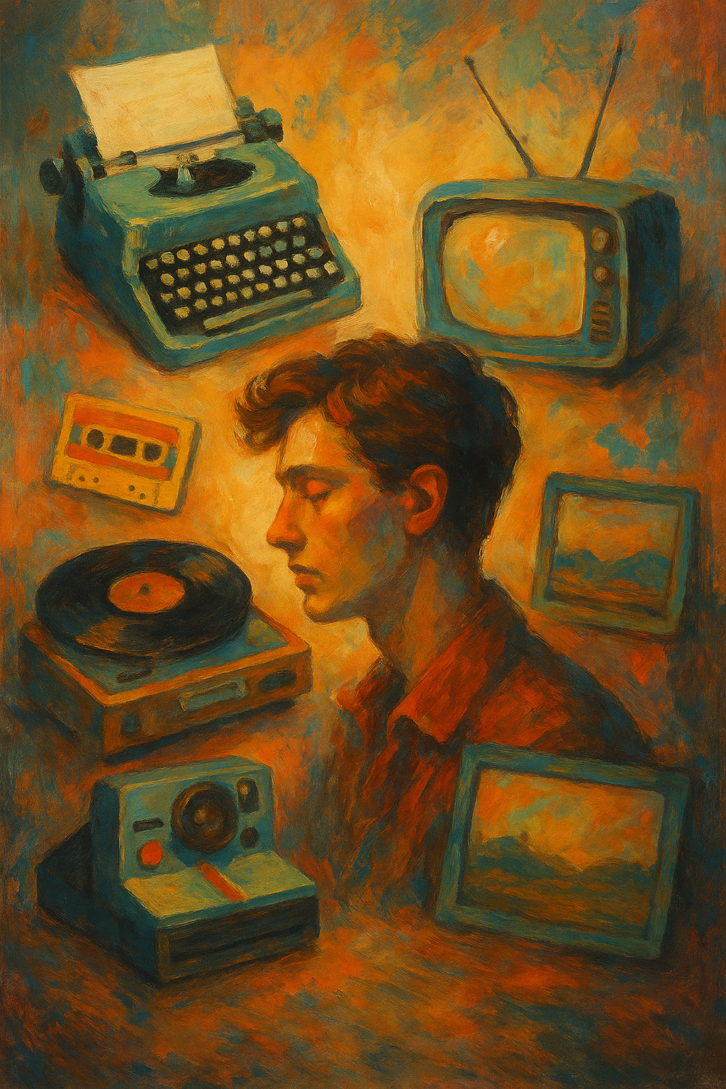 Traditional painting illustrating nostalgia as a universal cultural memory, with soft tones and retro-style figures in a dreamlike landscape.