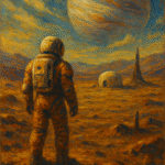 Oil painting of an astronaut on Mars with futuristic habitats and a large planet in the sky, symbolizing terraforming and exploration.