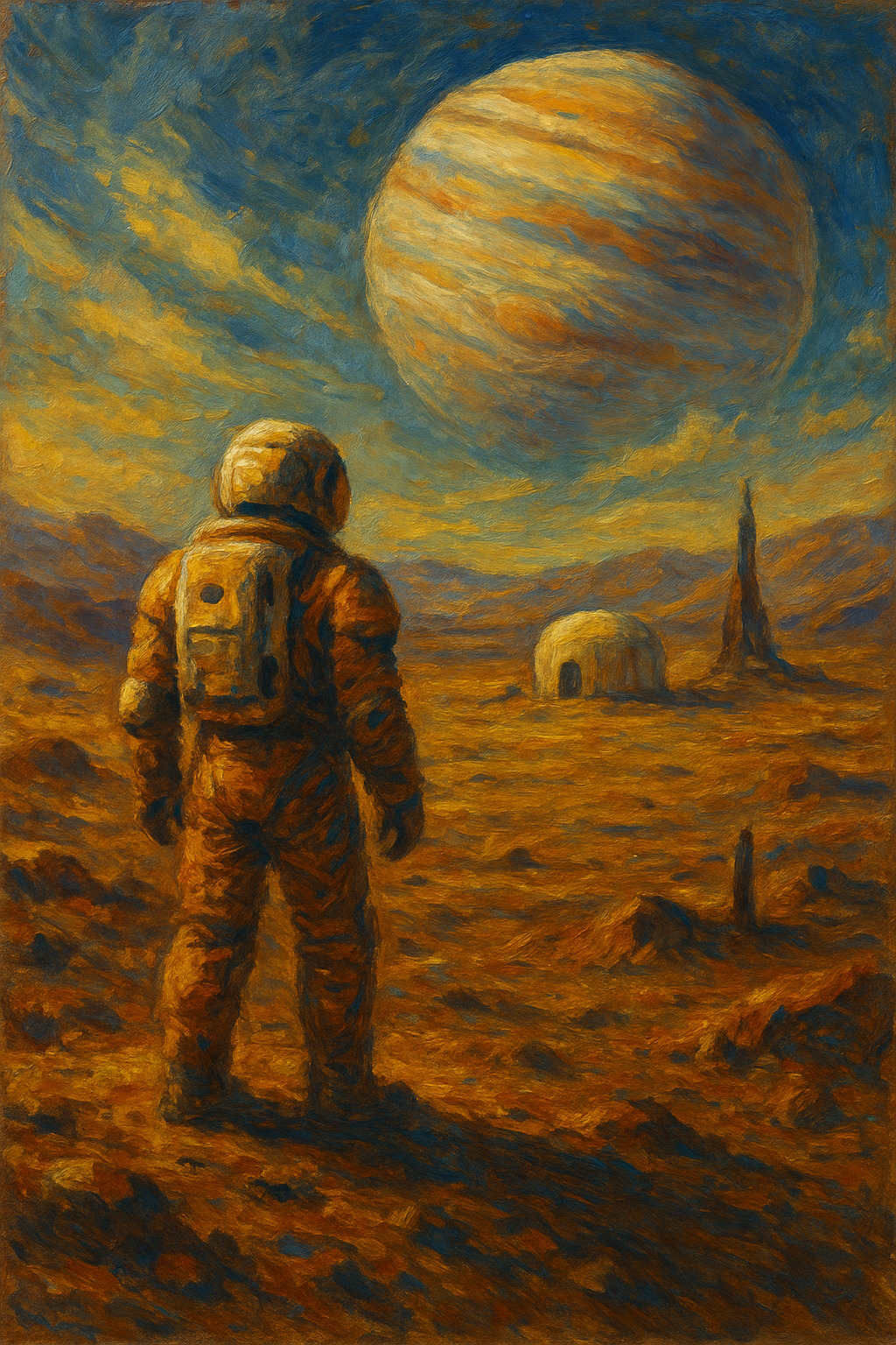 Oil painting of an astronaut on Mars with futuristic habitats and a large planet in the sky, symbolizing terraforming and exploration.