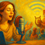 Oil painting of a woman storytelling through a glowing podcast microphone, symbolizing the evolution of oral traditions into modern digital formats.