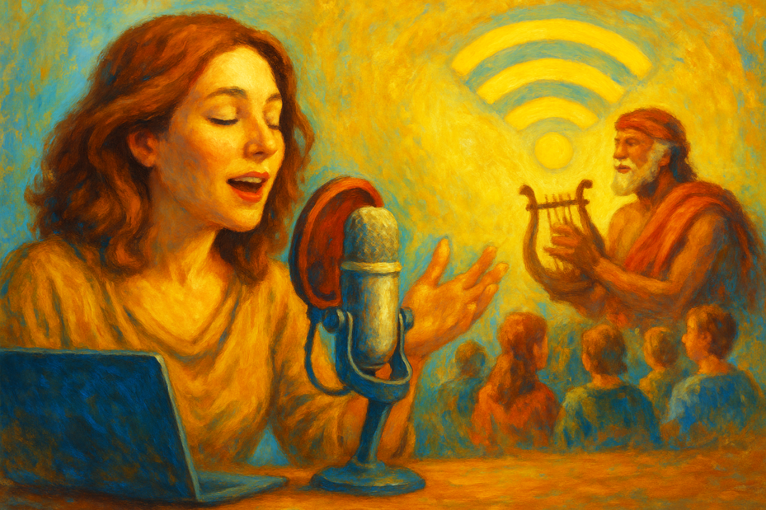 Oil painting of a woman storytelling through a glowing podcast microphone, symbolizing the evolution of oral traditions into modern digital formats.