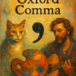 An artistic painting-style illustration symbolizing the Oxford comma debate, showing books, punctuation marks, and abstract figures highlighting clarity vs ambiguity in writing.