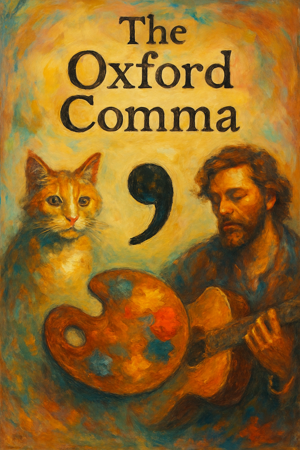 An artistic painting-style illustration symbolizing the Oxford comma debate, showing books, punctuation marks, and abstract figures highlighting clarity vs ambiguity in writing.