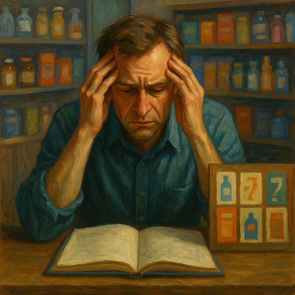 An oil painting showing a thoughtful person surrounded by countless doors and pathways, symbolizing the paradox of choice, decision fatigue, and its impact on happiness.