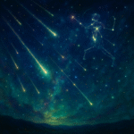 Mystical night sky with Perseid meteors and glowing constellation of Perseus