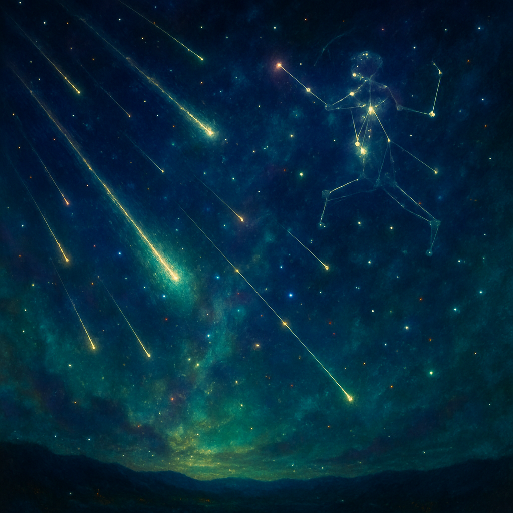 Mystical night sky with Perseid meteors and glowing constellation of Perseus