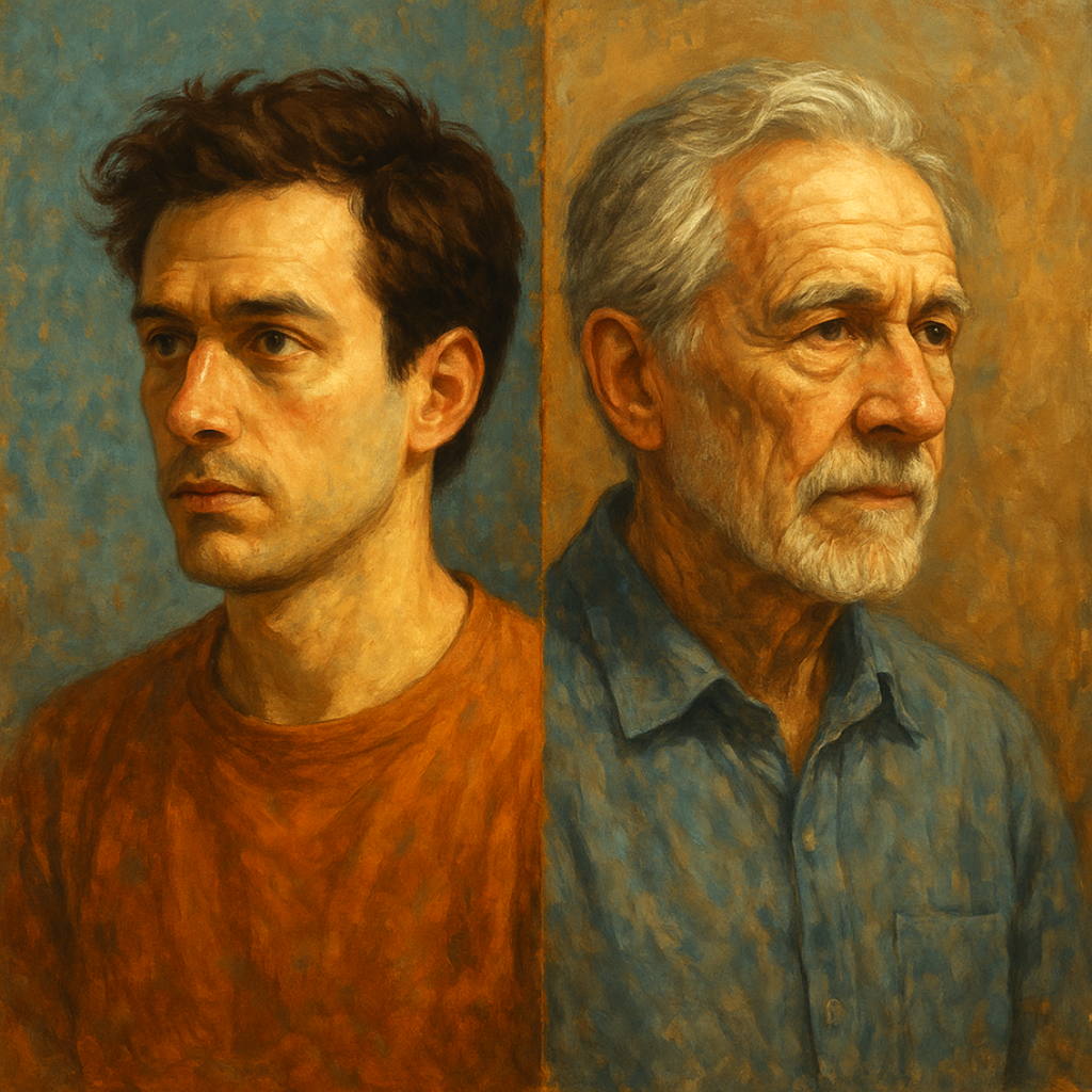 A symbolic painting showing two contrasting portraits of the same person at different stages of life, representing the evolution of personal identity over time.