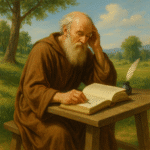 Baroque-style oil painting of an elderly philosopher reading and writing at a wooden table.