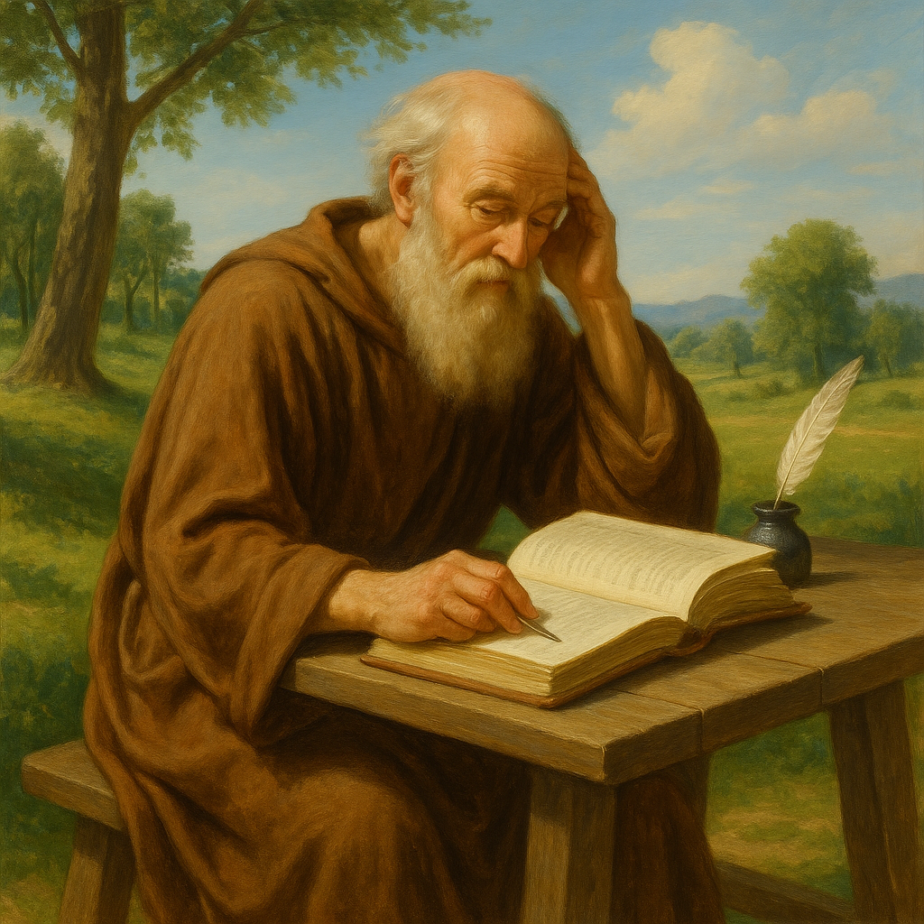 Baroque-style oil painting of an elderly philosopher reading and writing at a wooden table.