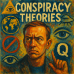 Artistic oil painting illustrating the spread of conspiracy theories through social media and global communication networks